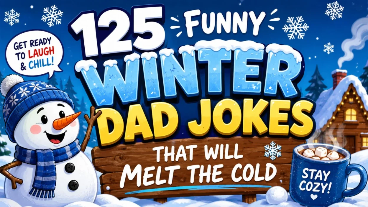 Colorful illustration featuring a smiling snowman and 125 funny winter dad jokes in a snowy winter scene with cozy hot chocolate.