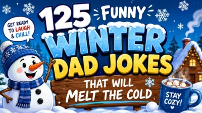 Colorful illustration featuring a smiling snowman and 125 funny winter dad jokes in a snowy winter scene with cozy hot chocolate.