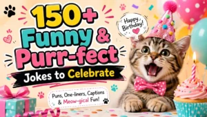 Cute kitten in a party hat with 150+ funny cat birthday puns, playful jokes, captions, cake, balloons, and gifts.