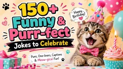 Cute kitten in a party hat with 150+ funny cat birthday puns, playful jokes, captions, cake, balloons, and gifts.
