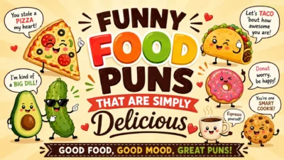 Funny food puns illustration with smiling pizza, taco, donut, avocado, cookie, and coffee characters in a colorful cartoon design