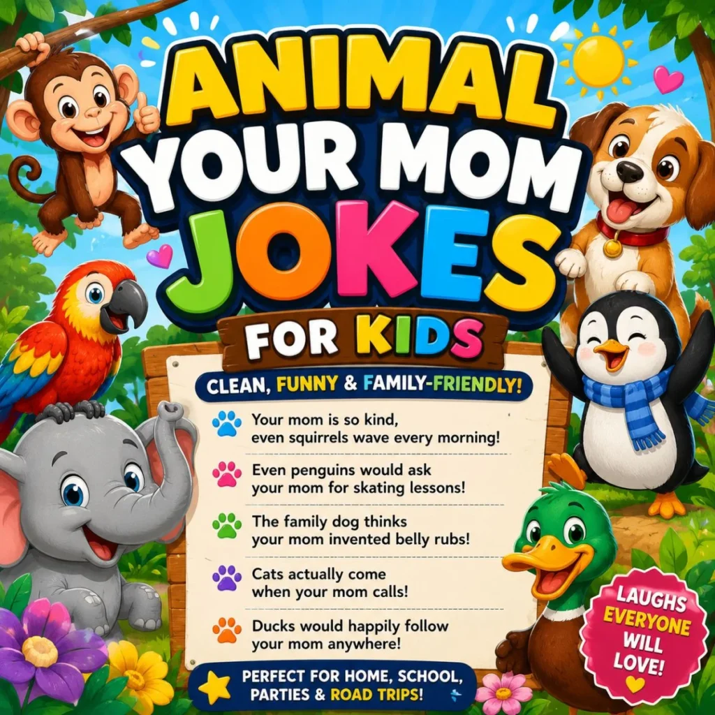 Animal Your Mom Jokes for Kids with cute cartoon animals and clean, family-friendly jokes for fun-filled laughs.