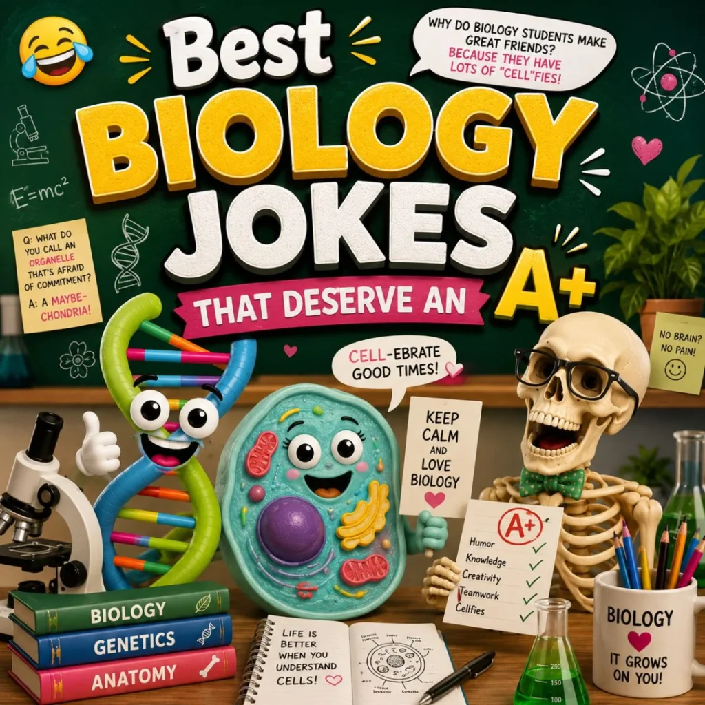 Best biology jokes with a funny DNA character, smiling cell, skeleton, and science classroom illustration