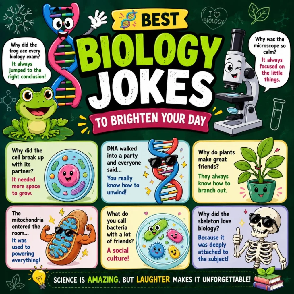 Best biology jokes poster with cartoon DNA, frog, microscope, cell, plant, and skeleton featuring funny science puns.