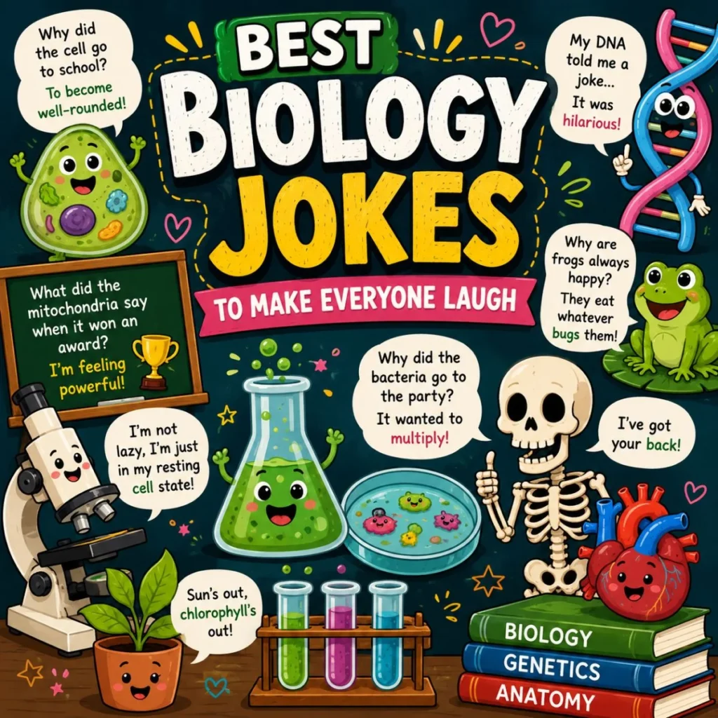 Best biology jokes cartoon with funny science puns, DNA, cells, microscope, frog, skeleton, and colorful lab illustrations.