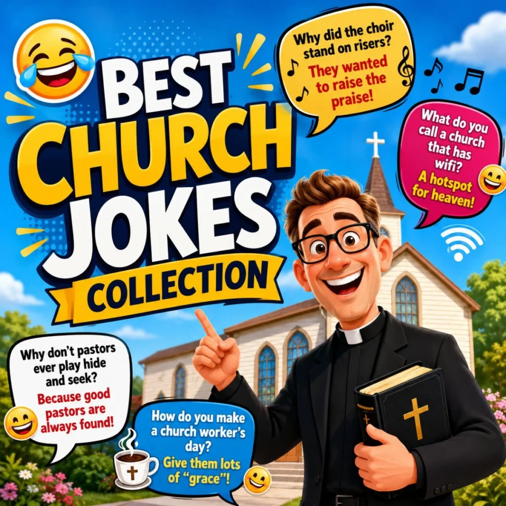 Best church jokes collection featuring a smiling pastor, church background, and clean Christian humor for all ages.