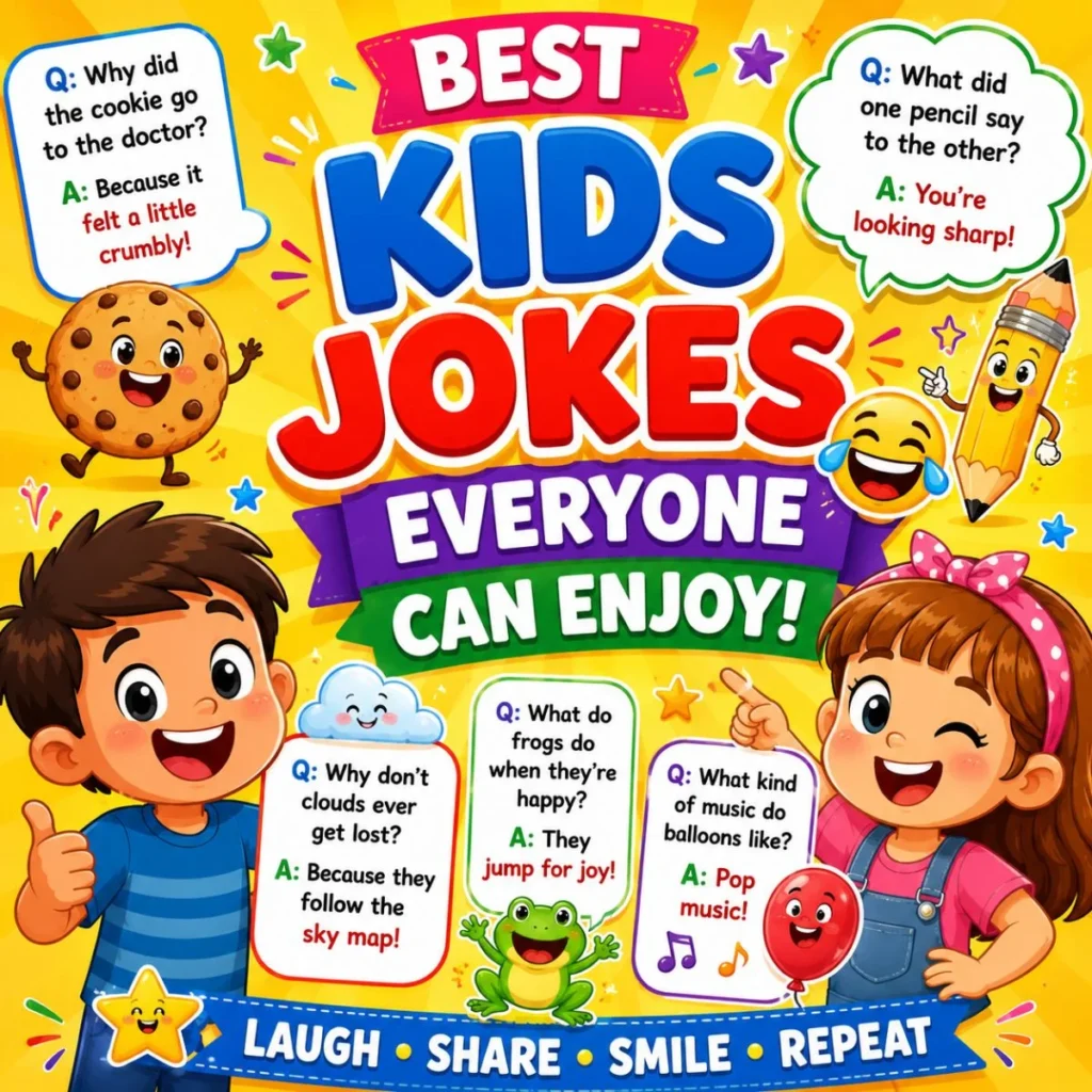 Best kids jokes everyone can enjoy with happy cartoon children, funny speech bubbles, and colorful family-friendly humor.