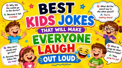 Best kids jokes illustration with laughing children, colorful speech bubbles, and clean family-friendly jokes for endless fun.