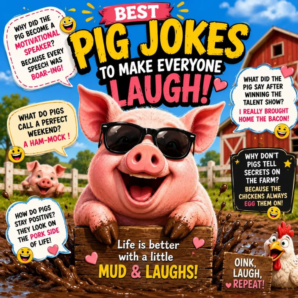 Smiling cartoon pig in sunglasses with funny pig jokes and colorful speech bubbles on a cheerful farm