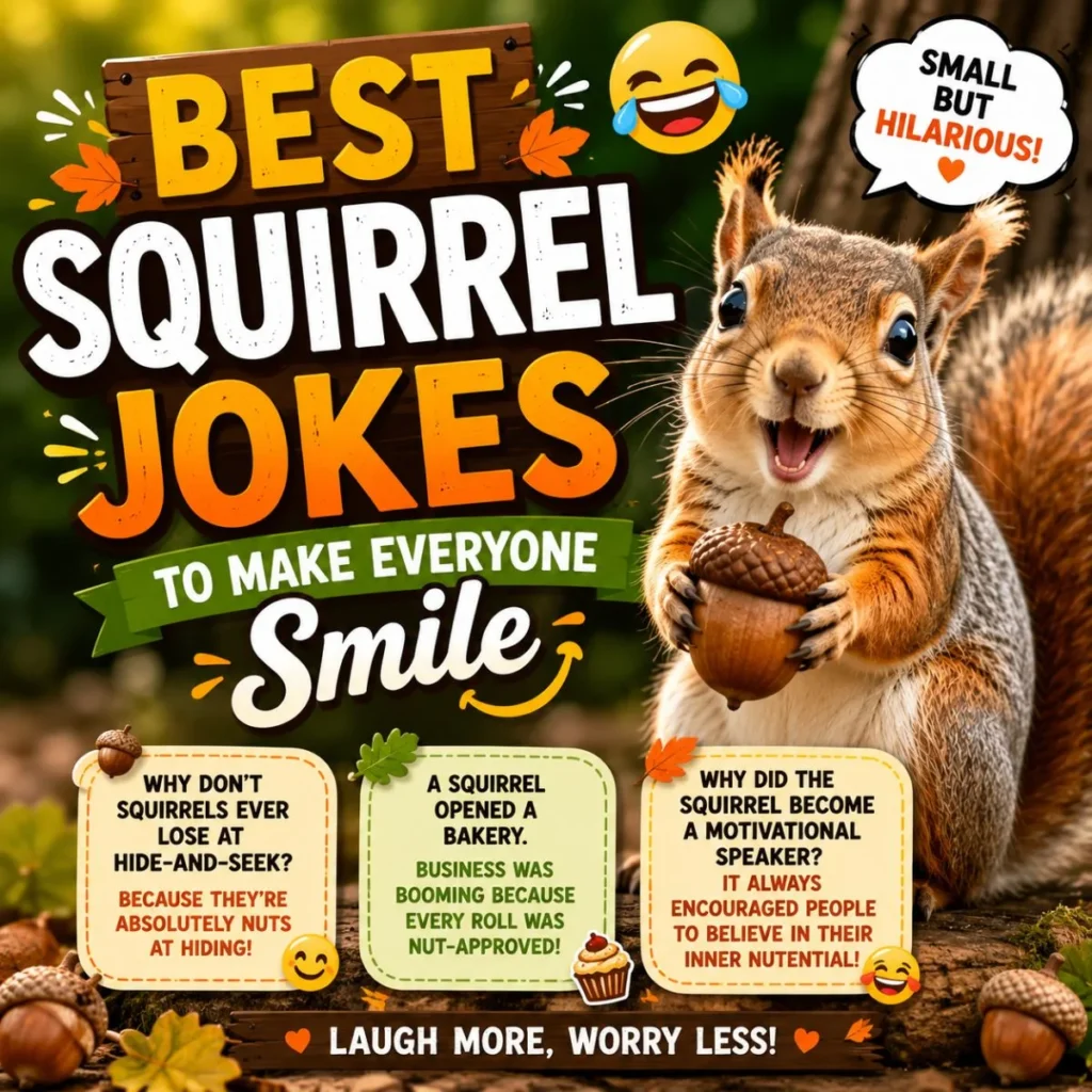 Happy squirrel holding an acorn with the best squirrel jokes and funny puns to make everyone smile.