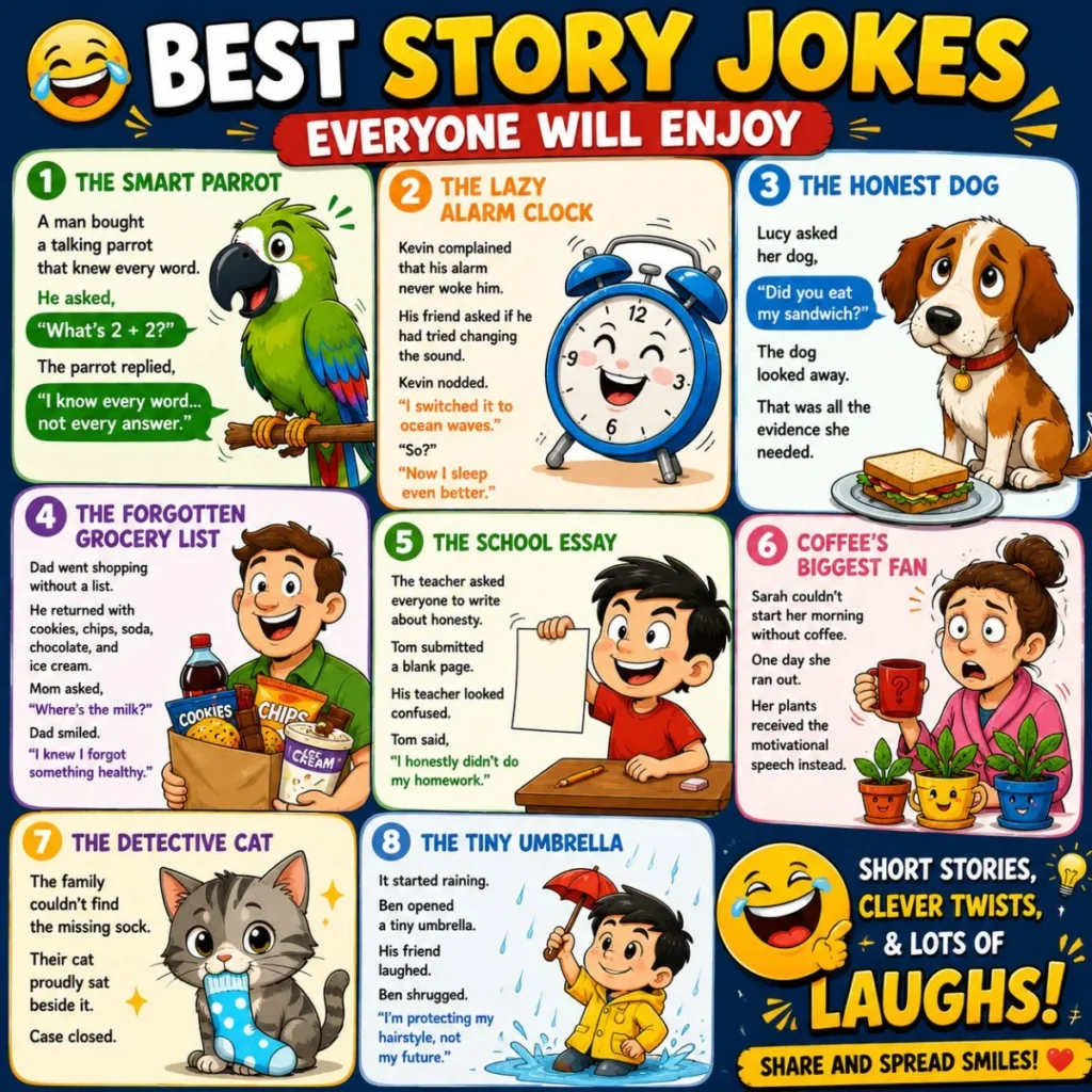 Best story jokes illustration featuring funny cartoon characters, clever mini stories, and laugh-out-loud family-friendly humor