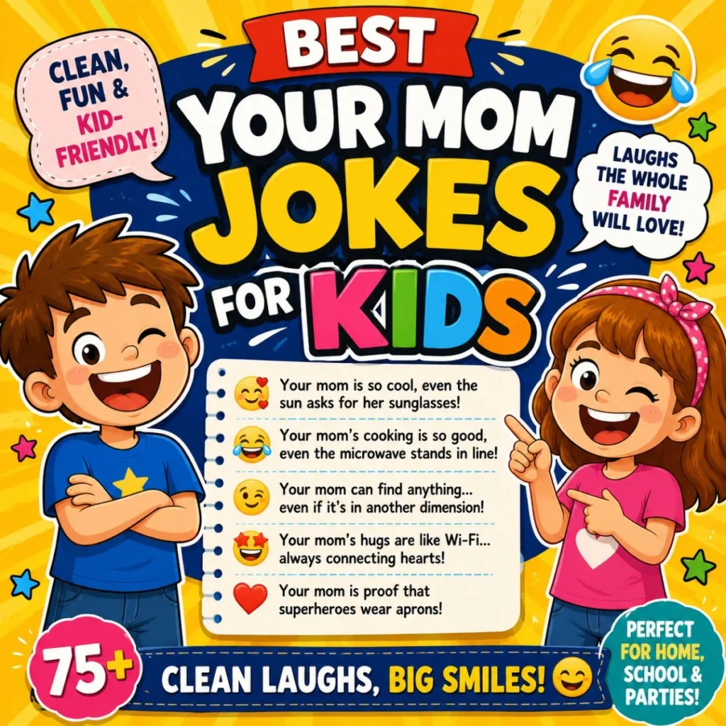Best Your Mom Jokes for Kids poster with happy cartoon children and clean, family-friendly jokes for laughs and fun.