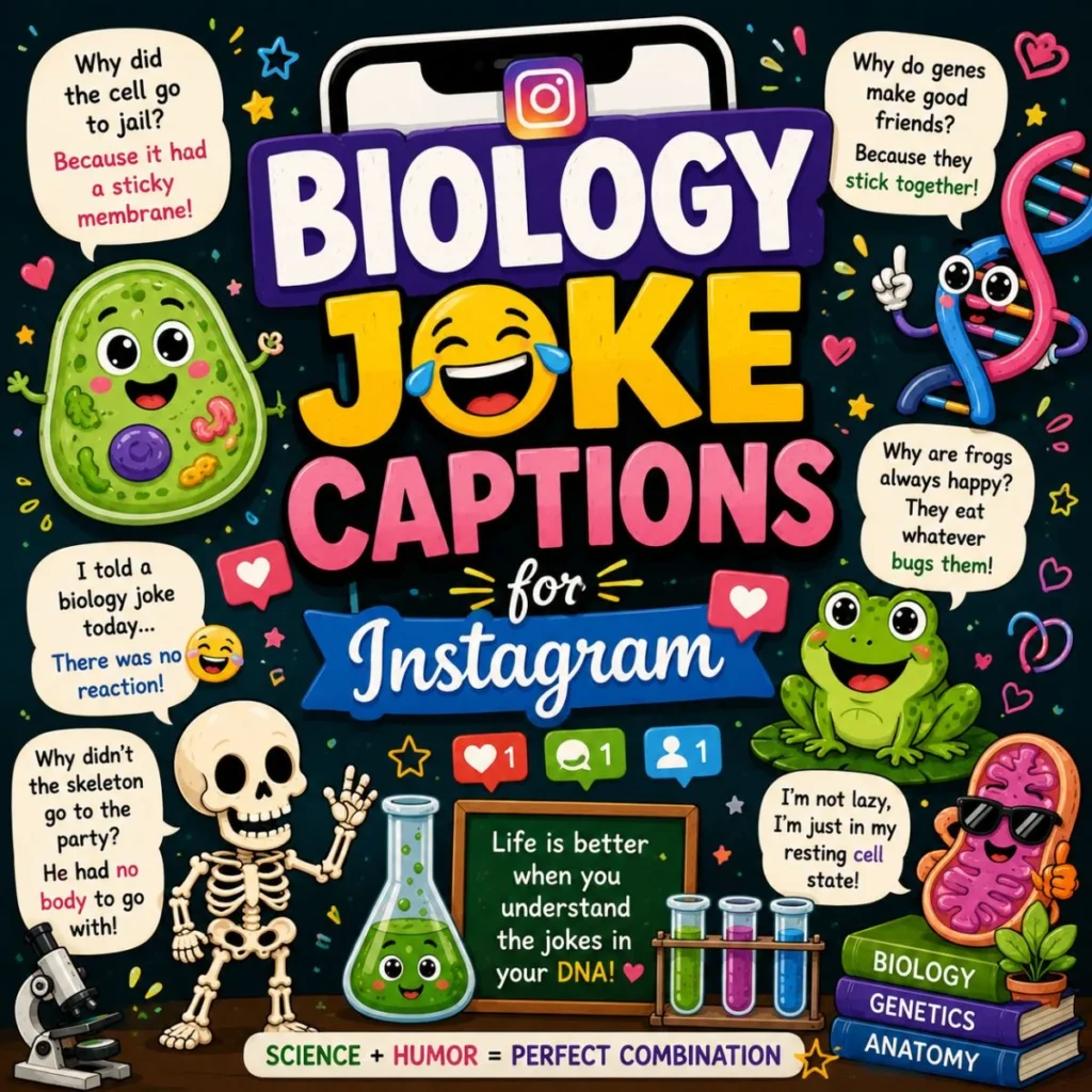 Biology joke captions for Instagram with funny science puns, DNA, cells, frog, skeleton, and colorful cartoon illustrations.