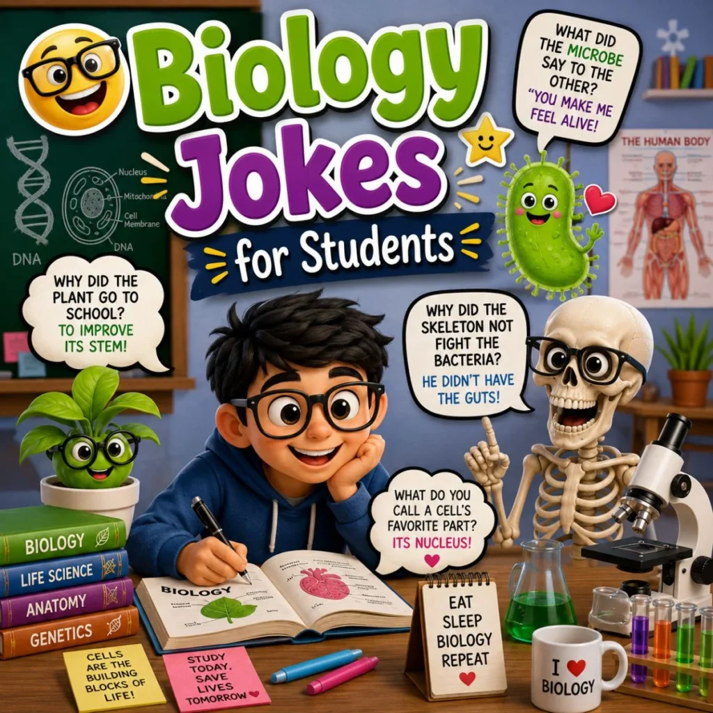Biology jokes for students with a funny classroom, smiling student, skeleton, microscope, and science-themed cartoon