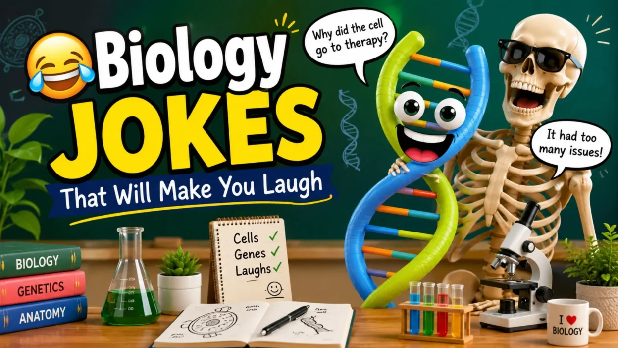 Funny biology jokes with a smiling DNA, laughing skeleton, and science lab illustration for students and science lovers