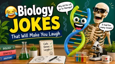Funny biology jokes with a smiling DNA, laughing skeleton, and science lab illustration for students and science lovers