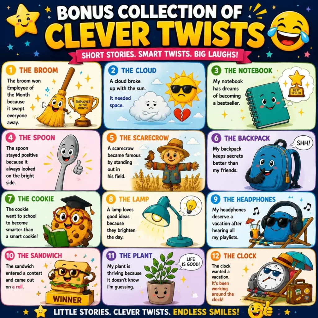 Bonus collection of clever twists featuring funny cartoon story jokes with playful characters and clever punchlines