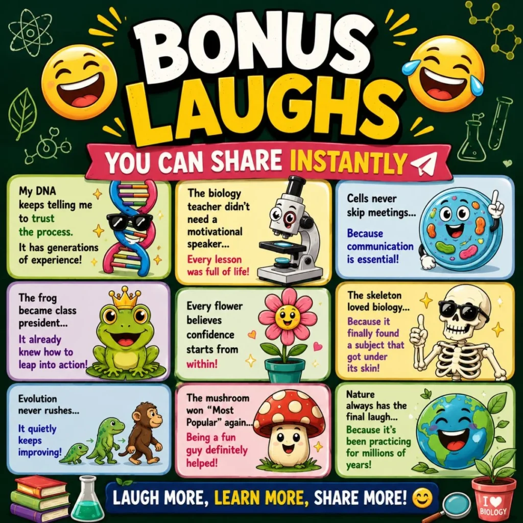 Bonus biology jokes poster with funny DNA, frog, microscope, skeleton, mushroom, and science humor to share instantly.