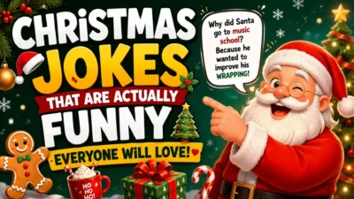 Funny Christmas jokes illustration featuring a cheerful Santa, festive decorations, and holiday humor everyone will love.