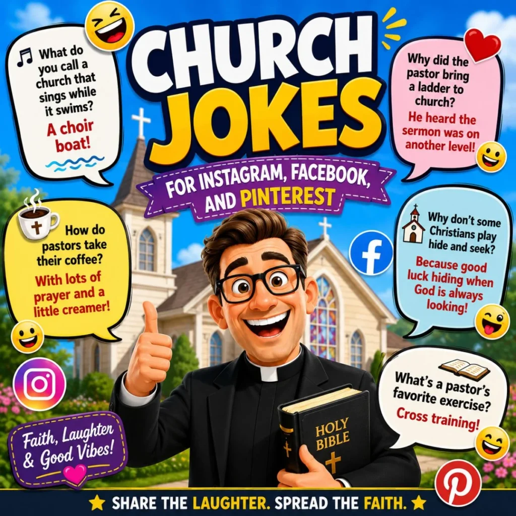 Church jokes for Instagram, Facebook, and Pinterest with a smiling pastor and clean Christian humor for social media.