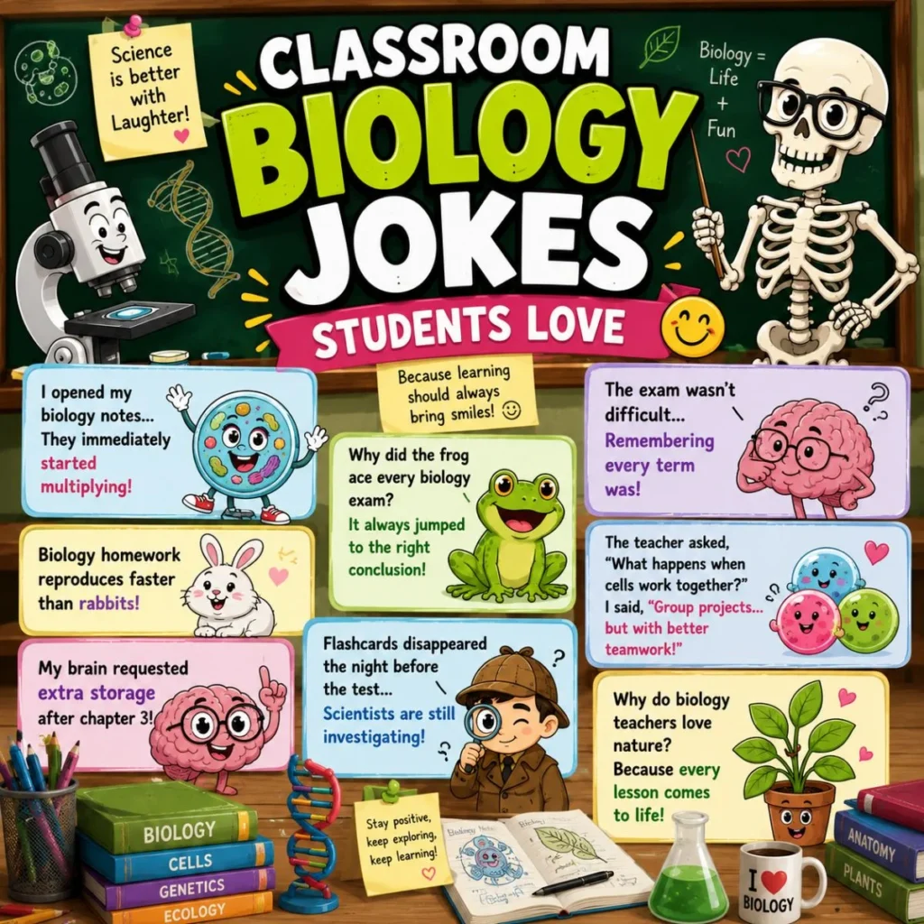 Classroom biology jokes poster with funny student science jokes, cartoon microscope, frog, brain, skeleton, and biology humor.