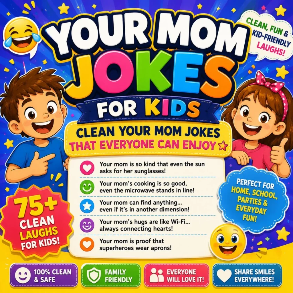 Clean Your Mom Jokes for Kids poster with smiling cartoon children and family-friendly jokes everyone can enjoy.