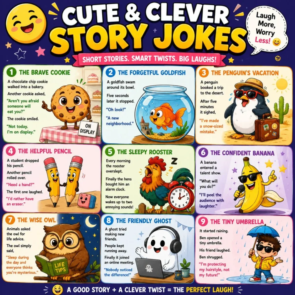 Cute and clever story jokes illustration with funny cartoon cookie, penguin, ghost, owl, and banana characters