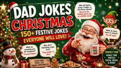 Dad jokes Christmas image with Santa, elf, snowman, and festive holiday jokes for family fun and Christmas laughter.