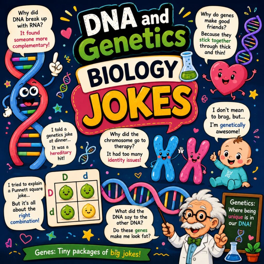 Funny DNA and genetics biology jokes cartoon with DNA, chromosomes, Punnett square, and colorful science humor.