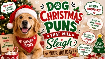 Dog Christmas puns featuring a festive Golden Retriever, Santa hat, holiday jokes, and Merry Woofmas Christmas humor