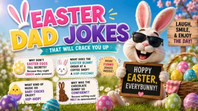 Easter dad jokes image with a funny bunny, colorful eggs, and playful family-friendly Easter humor in a spring setting.