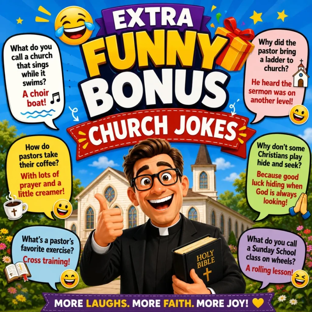 Extra funny bonus church jokes with a smiling pastor, church backdrop, and clean Christian humor for family-friendly laughs.