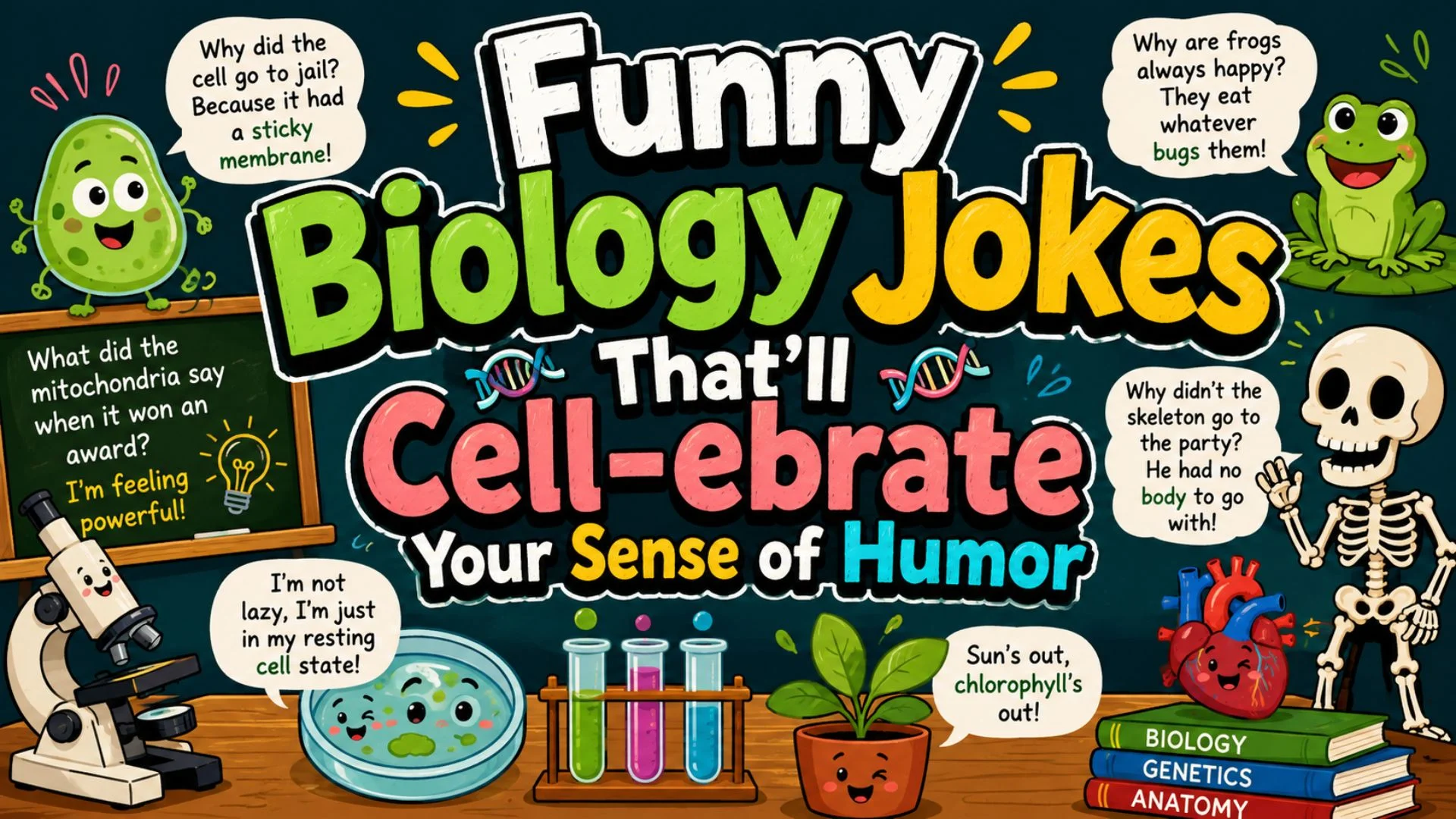 Colorful cartoon featuring funny biology jokes with cells, DNA, frog, skeleton, microscope, and science-themed humor.
