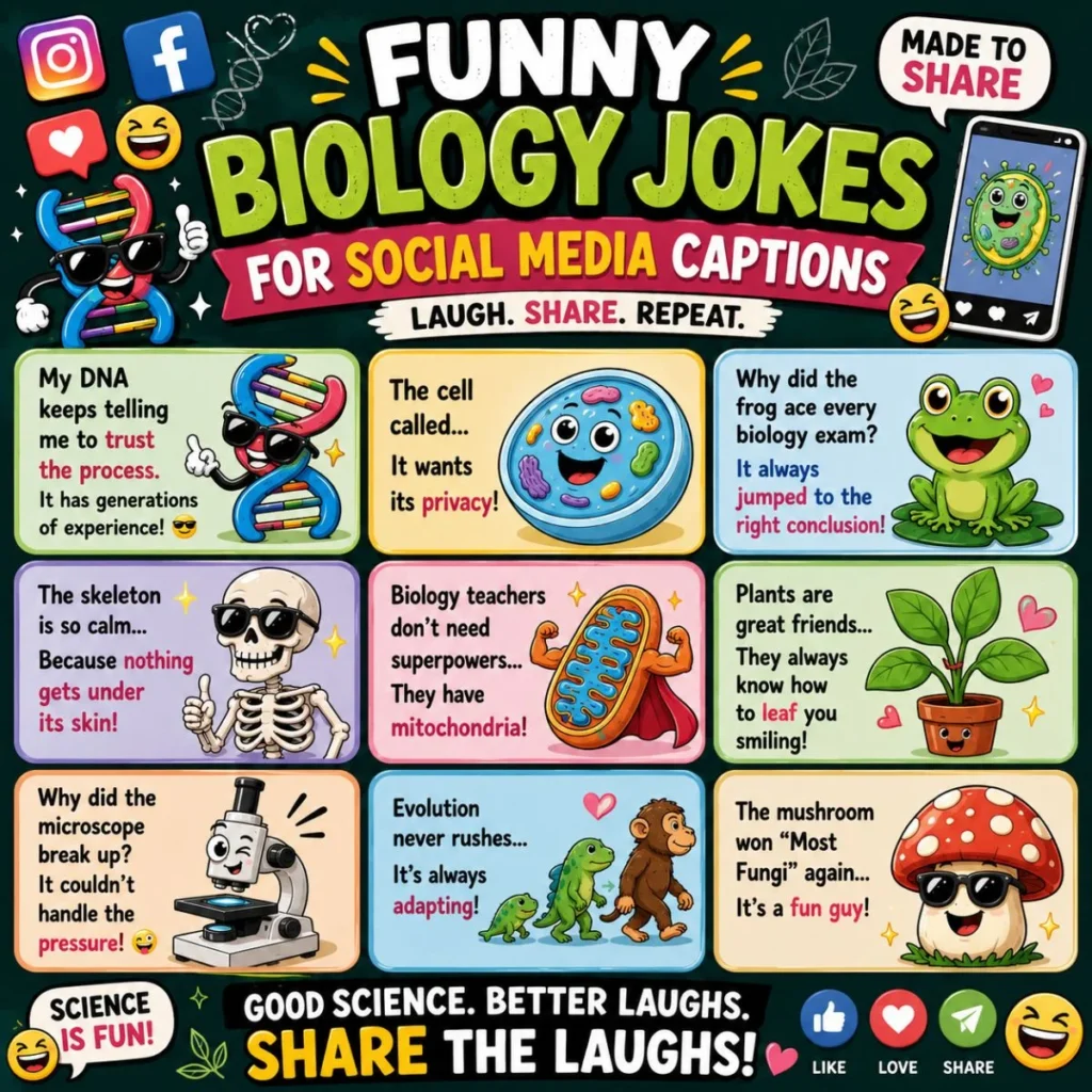 Funny biology jokes for social media captions with cartoon DNA, frog, cell, microscope, skeleton, and science humor.