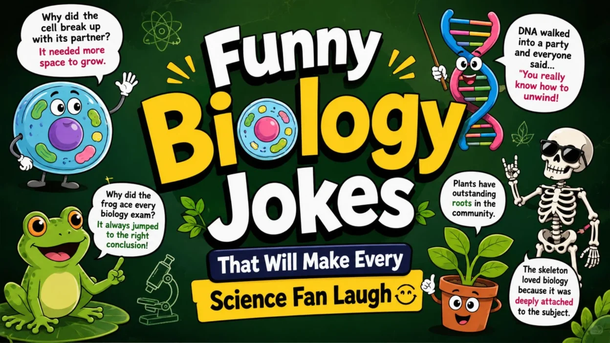 Funny biology jokes poster with cartoon DNA, frog, skeleton, plant, and cell featuring clever science puns and classroom humor.