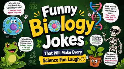 Funny biology jokes poster with cartoon DNA, frog, skeleton, plant, and cell featuring clever science puns and classroom humor.