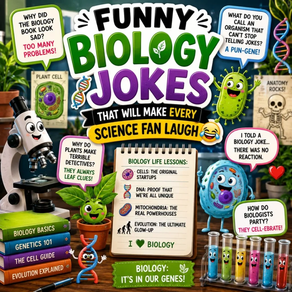 Funny biology jokes with cartoon DNA, microscope, plant cell, microbes, and colorful science classroom illustration