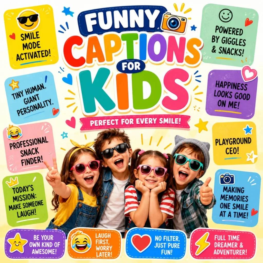 Funny captions for kids with smiling children, colorful quote cards, and playful family-friendly humor.