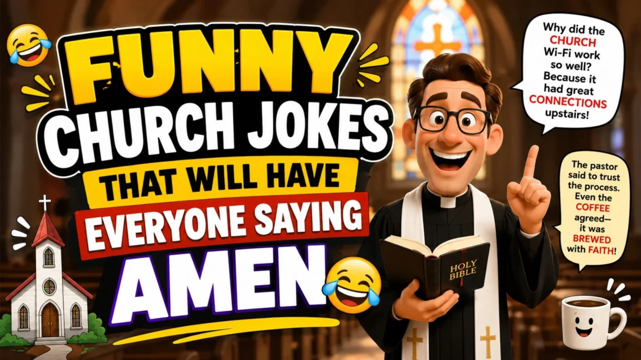 Funny church jokes thumbnail with a smiling pastor, church background, coffee, and clean Christian humor for all ages.