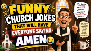 Funny church jokes thumbnail with a smiling pastor, church background, coffee, and clean Christian humor for all ages.