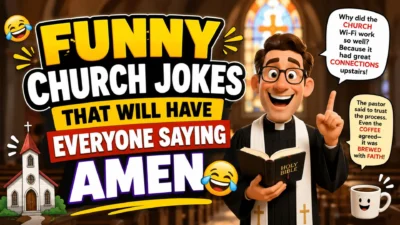 Funny church jokes thumbnail with a smiling pastor, church background, coffee, and clean Christian humor for all ages.