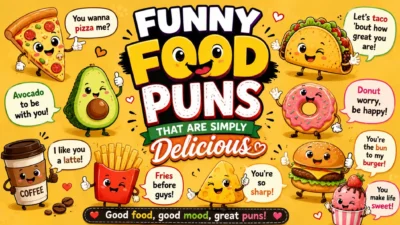 Funny food puns with cute pizza, taco, donut, burger, and coffee characters sharing clever wordplay and jokes