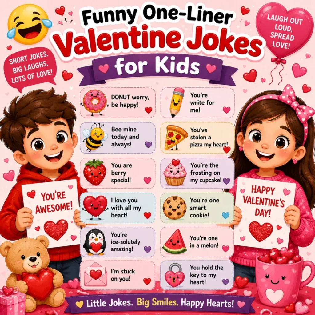 Kids enjoying funny one-liner Valentine jokes with heart cards, cute puns, and colorful Valentine's Day decorations.