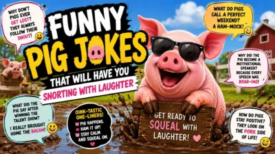 Funny pig wearing sunglasses in muddy farm with hilarious pig jokes and speech bubbles for family-friendly laughs