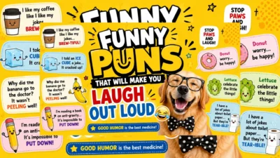 Funny puns with playful cartoon jokes, laughing dog, and clever wordplay for family-friendly laughs