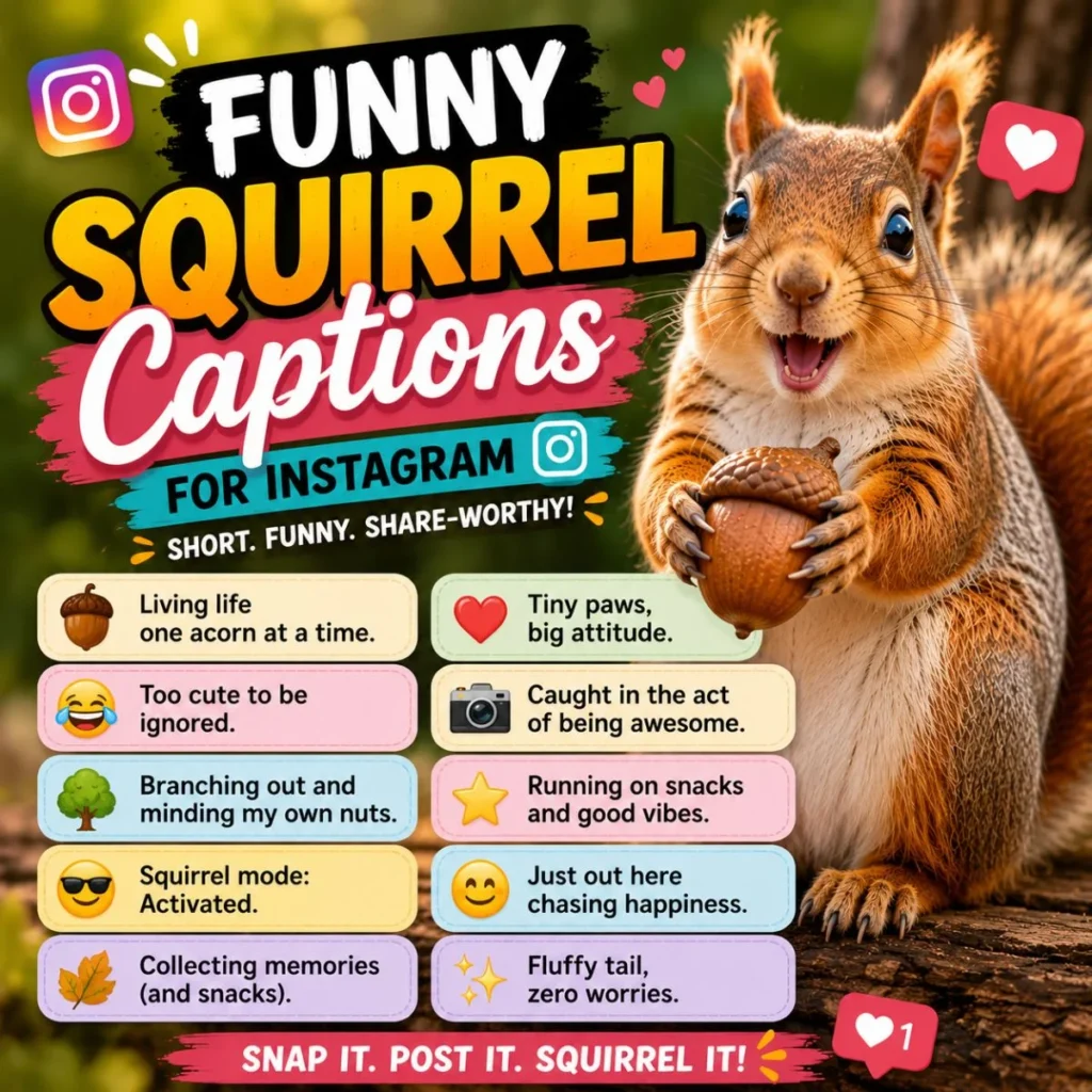 Happy squirrel with funny Instagram captions and acorn in a colorful woodland design for social media humor.