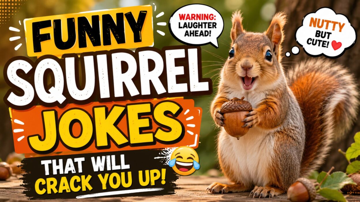 Funny squirrel holding an acorn with playful text, perfect for squirrel jokes, puns, and family-friendly humor.