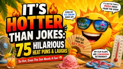 Funny summer illustration with a smiling sun and It's Hotter Than Jokes heat puns, captions, and hilarious one-liners.