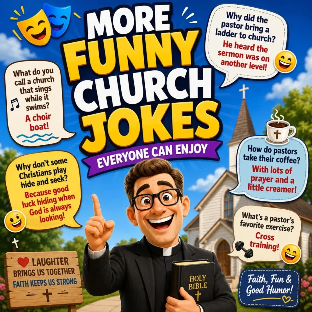 More funny church jokes featuring a smiling pastor, church background, and clean Christian humor everyone can enjoy.