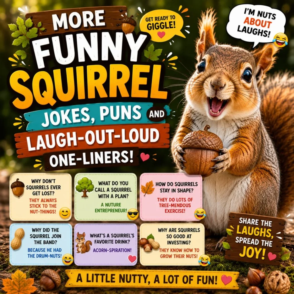 Happy squirrel with funny squirrel jokes, puns, and one-liners in a colorful woodland-themed design.